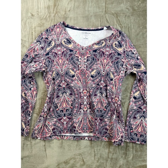 croft & barrow Tops - Croft & Barrow Classic Tee Womens Large L V-Neck Long Sleeve Paisley Cotton Navy